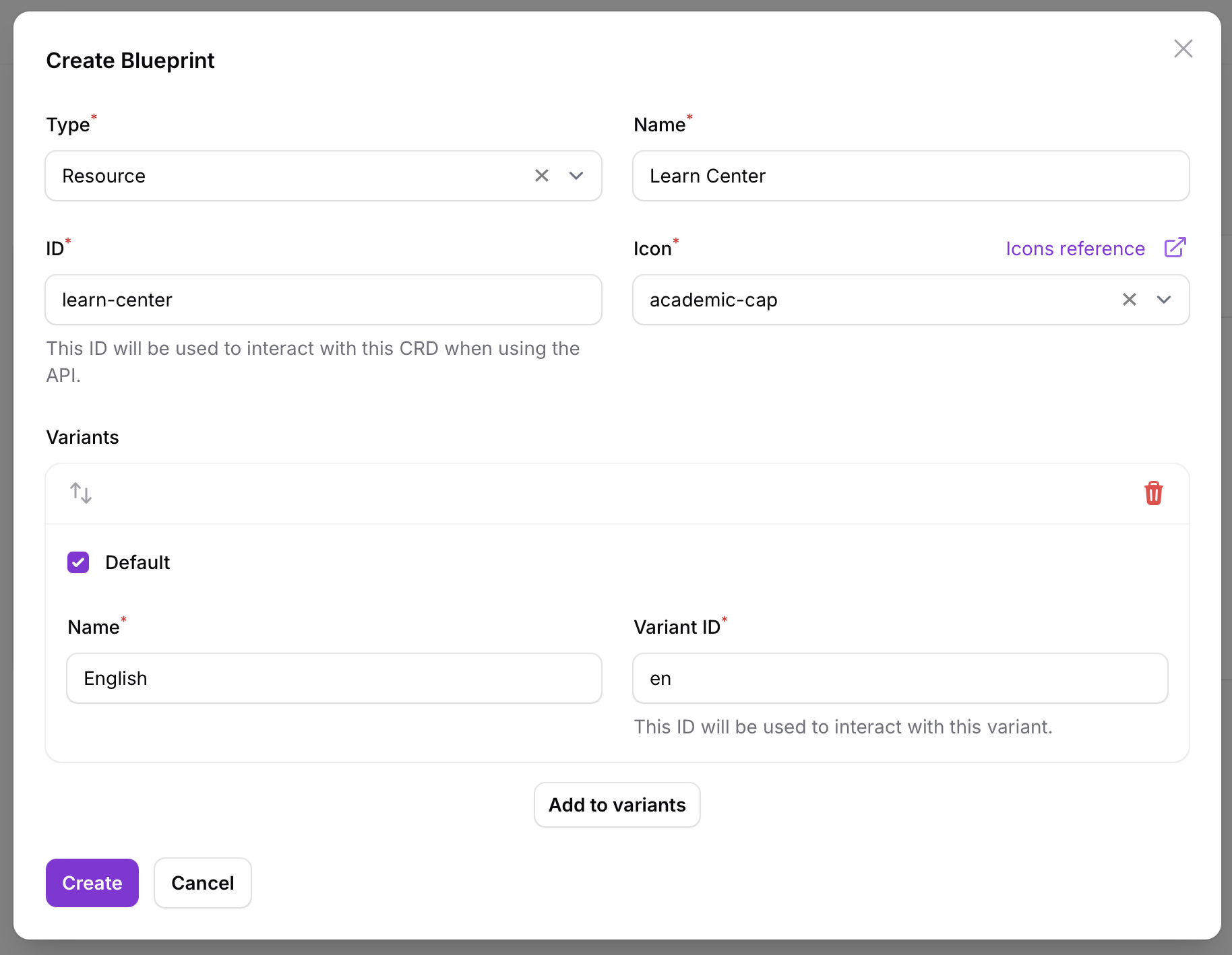 Blueprint creation interface
